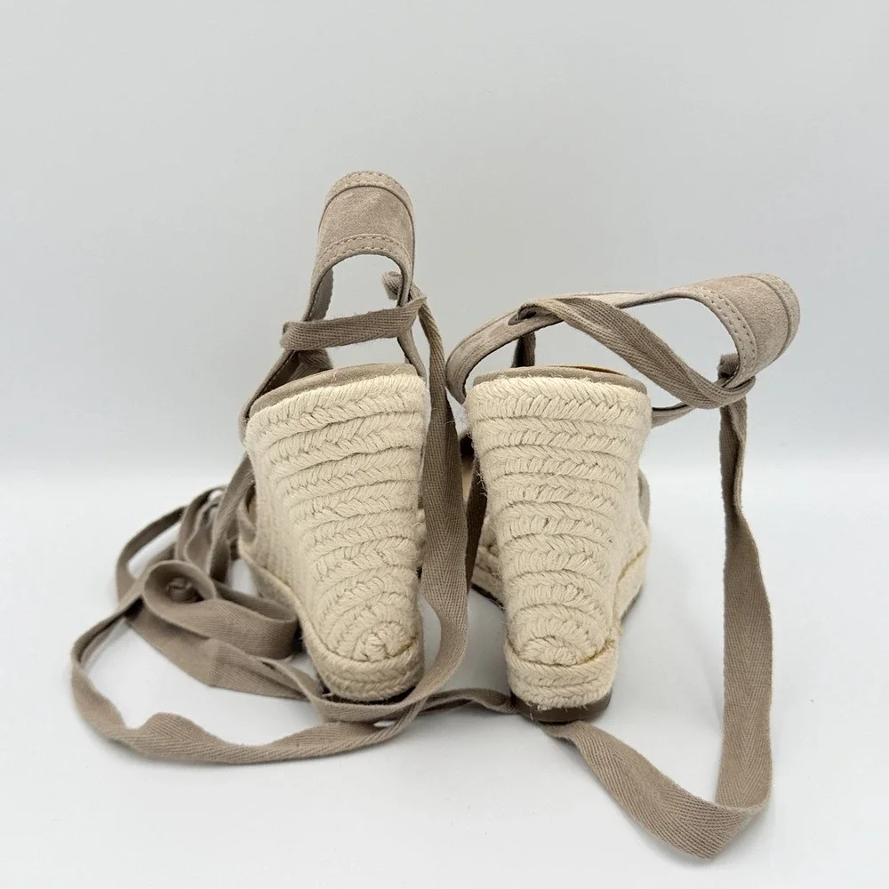Steve Madden Barre 9M Taupe Suede Espadrille Platform Wedge Heels Ankle Tie Boho